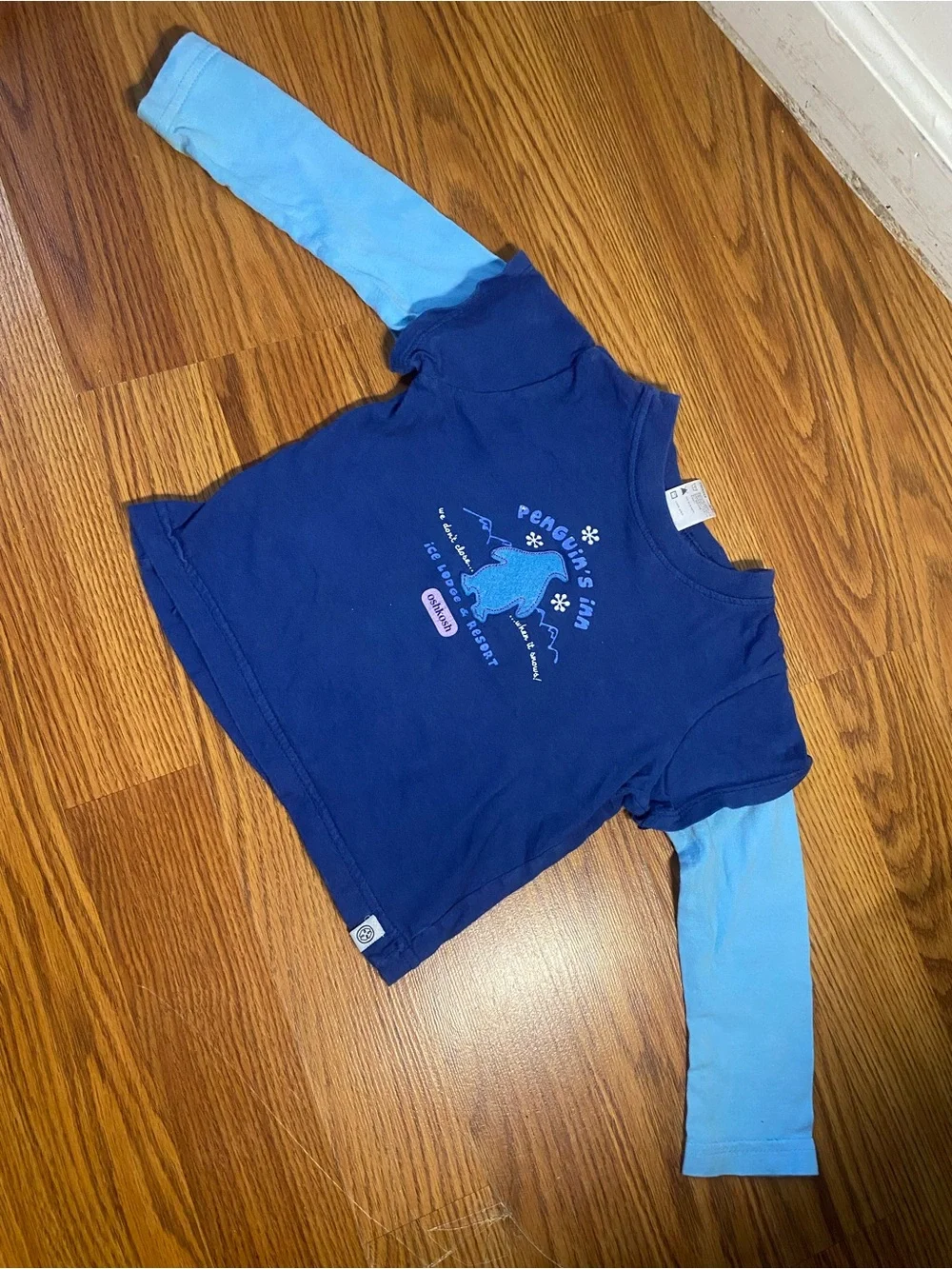 Y2K Blue Layered Long-Sleeve Kids Top with Penguin Graphic